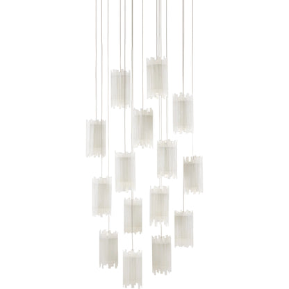 Escenia Round 15-Light Multi-Drop Pendant by Currey and Company in natural selenite, silver. Made from selenite, frosted glass in a transitional style.