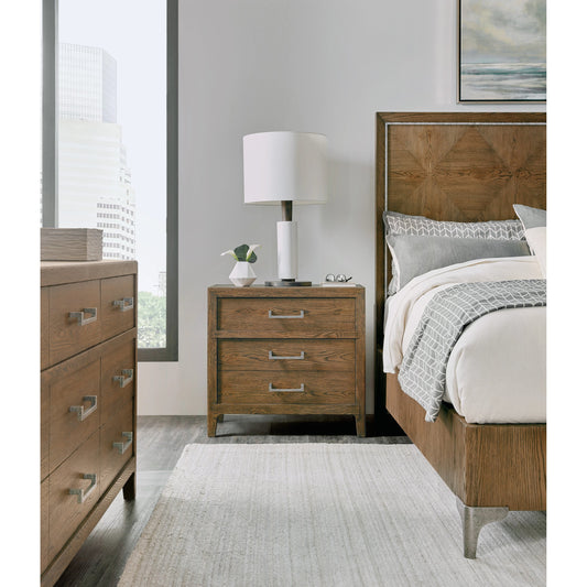 Chapman Three-Drawer Nightstand by Hooker Furniture in sorrel. Made from white oak veneers in a modern style.