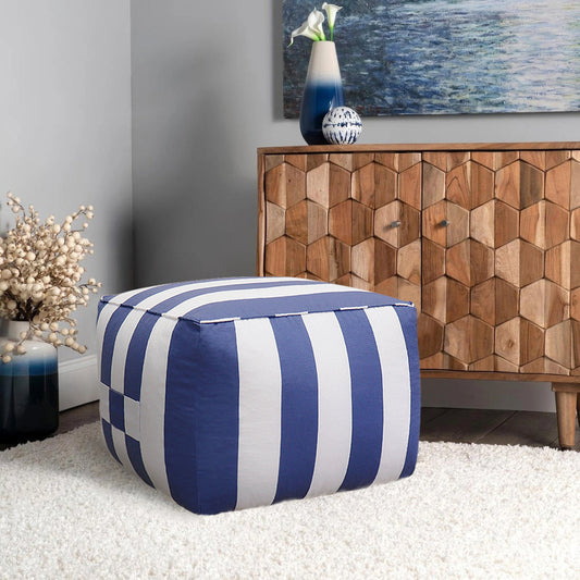 Galaxy Pouf by Pasargad Home in white. Made from polyester in a coastal style.