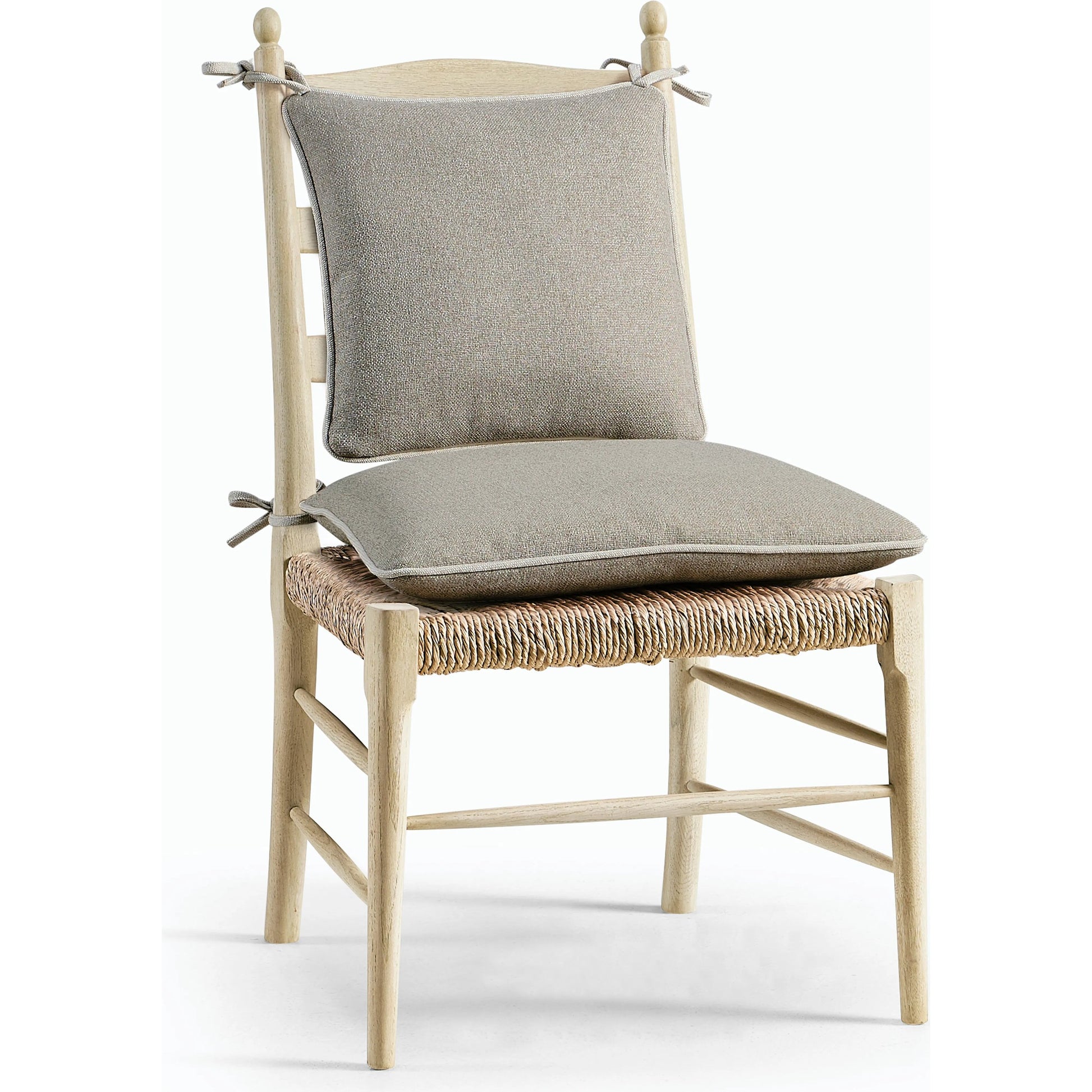 Timeless Doppler Ladderback Side Chair by Jonathan Charles in brown. Made from oak, fiber rush, foam, fabric in a coastal style.