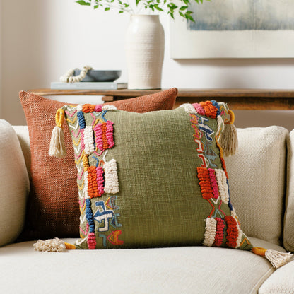 Mystic Pillow - 17050 by Surya in dusty sage, burnt orange, rose, camel, cream, navy. Made from 100% cotton in a eclectic & global style.