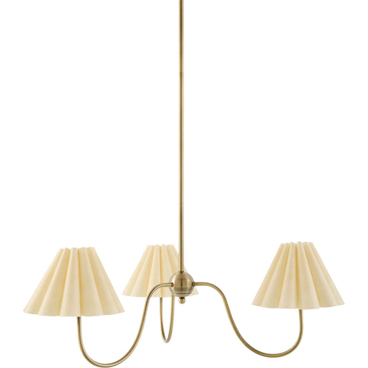 Moyalia Chandelier by Surya in metallic brass, beige and electroplated. Made from iron, linen, polystyrene in a unique style.