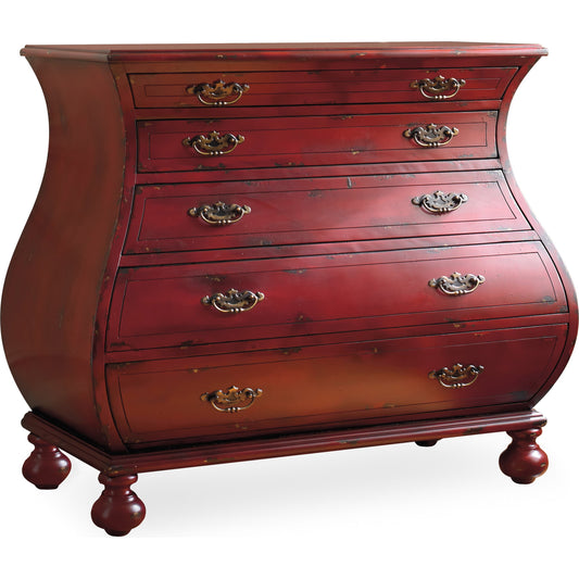 Bombe Chest by Hooker Furniture in red. Made from hardwood with veneers in a traditional style.