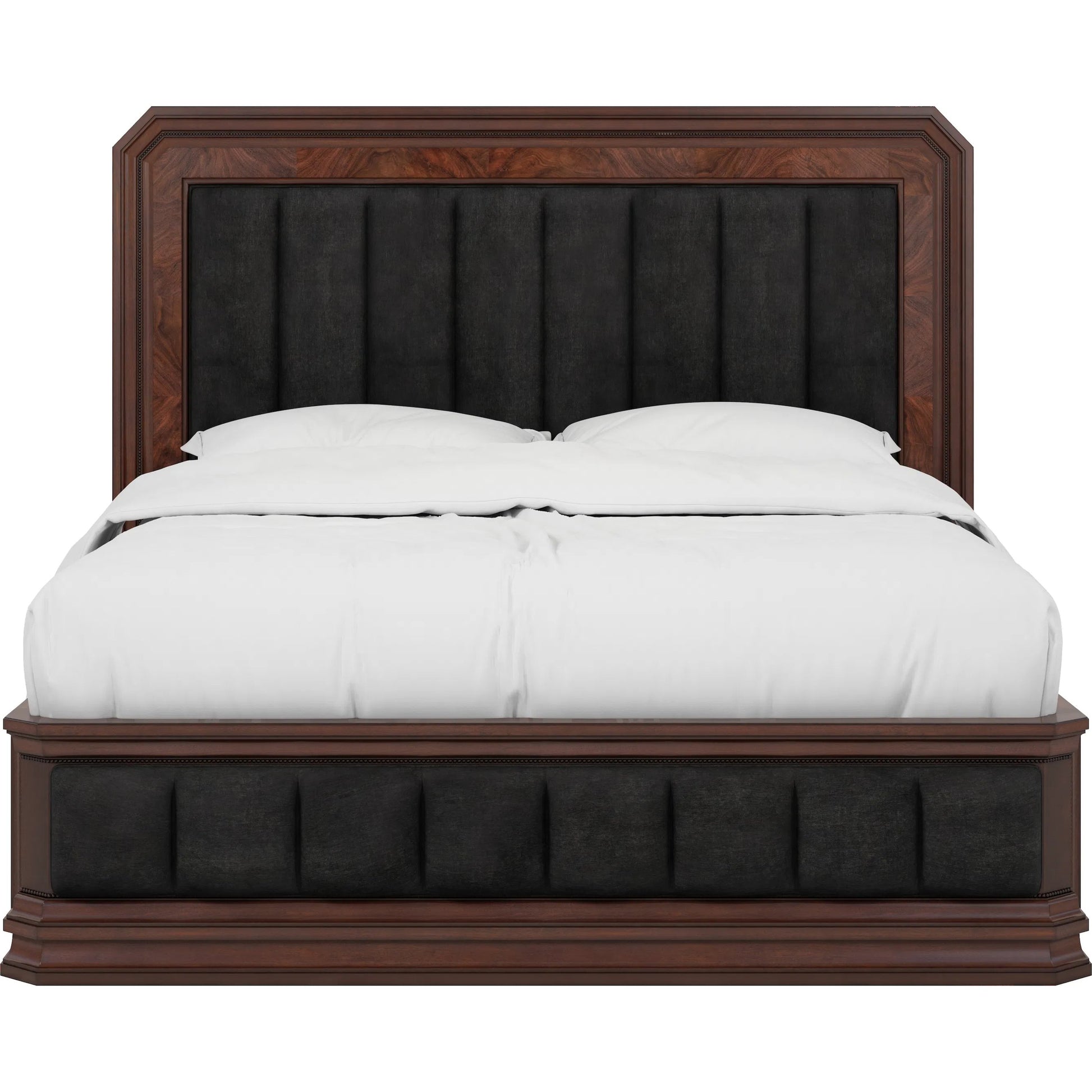 Revival Upholstered Bed by A.R.T. Furniture in charcoal and napa mahogany. Made from rubberwood solids, quarter mahogany veneer, foam, fabric, resin in a traditional style.