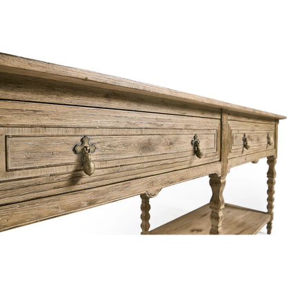 Sagehill Spindle-Leg Console by Jonathan Charles in timberon grey oak. Made from main oak in a unique style.