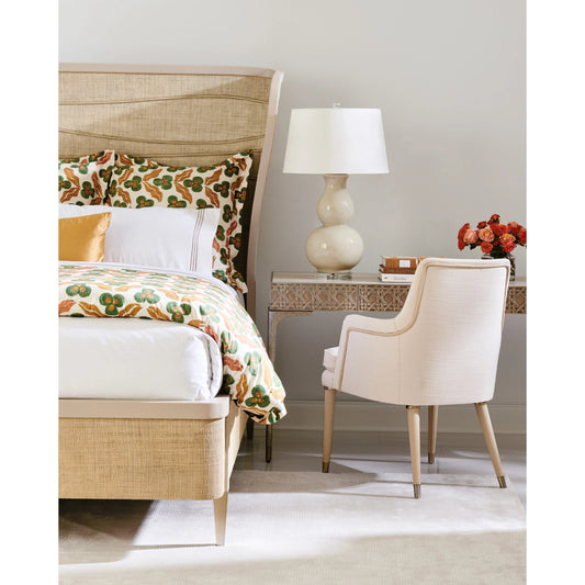 Water Seiche Woven Wing Wave Bed by Jonathan Charles in grasscloth. Made from hardwood solids, grass cloth, leather, metal in a unique style.