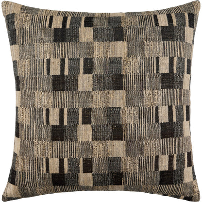Marzano Accent Pillow by Surya in taupe, charcoal, beige, ebony. Made from wool, silk, cotton in a rustic style.