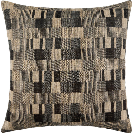 Marzano Accent Pillow by Surya in taupe, charcoal, beige, ebony. Made from wool, silk, cotton in a rustic style.