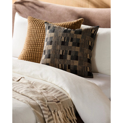 Marzano Accent Pillow by Surya in taupe, charcoal, beige, ebony. Made from wool, silk, cotton in a rustic style.