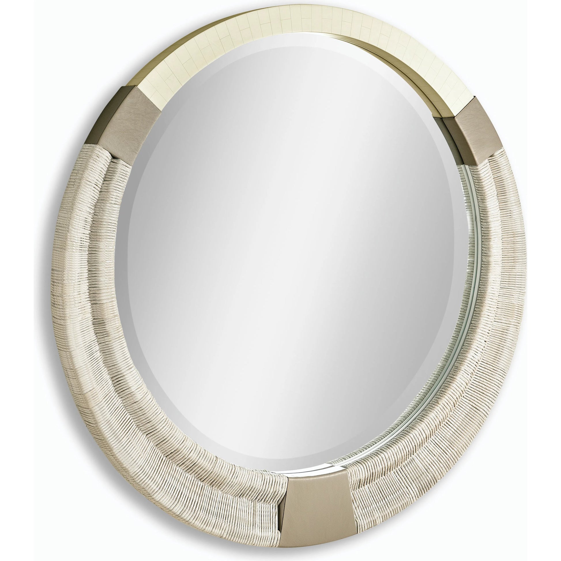 Water Gyre Round Multimedia Mirror by Jonathan Charles in grasscloth, danish cord, faux bone. Made from danish cord, leather in a modern style.