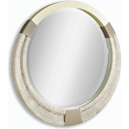 Water Gyre Round Multimedia Mirror by Jonathan Charles in grasscloth, danish cord, faux bone. Made from danish cord, leather in a modern style.