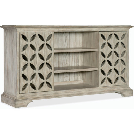 001 SI-2185846 | Primary Silo | Commerce & Market Underhill Entertainment Console by Hooker Furniture in light wood and light gray finish. Made from oak veneers in a modern style.