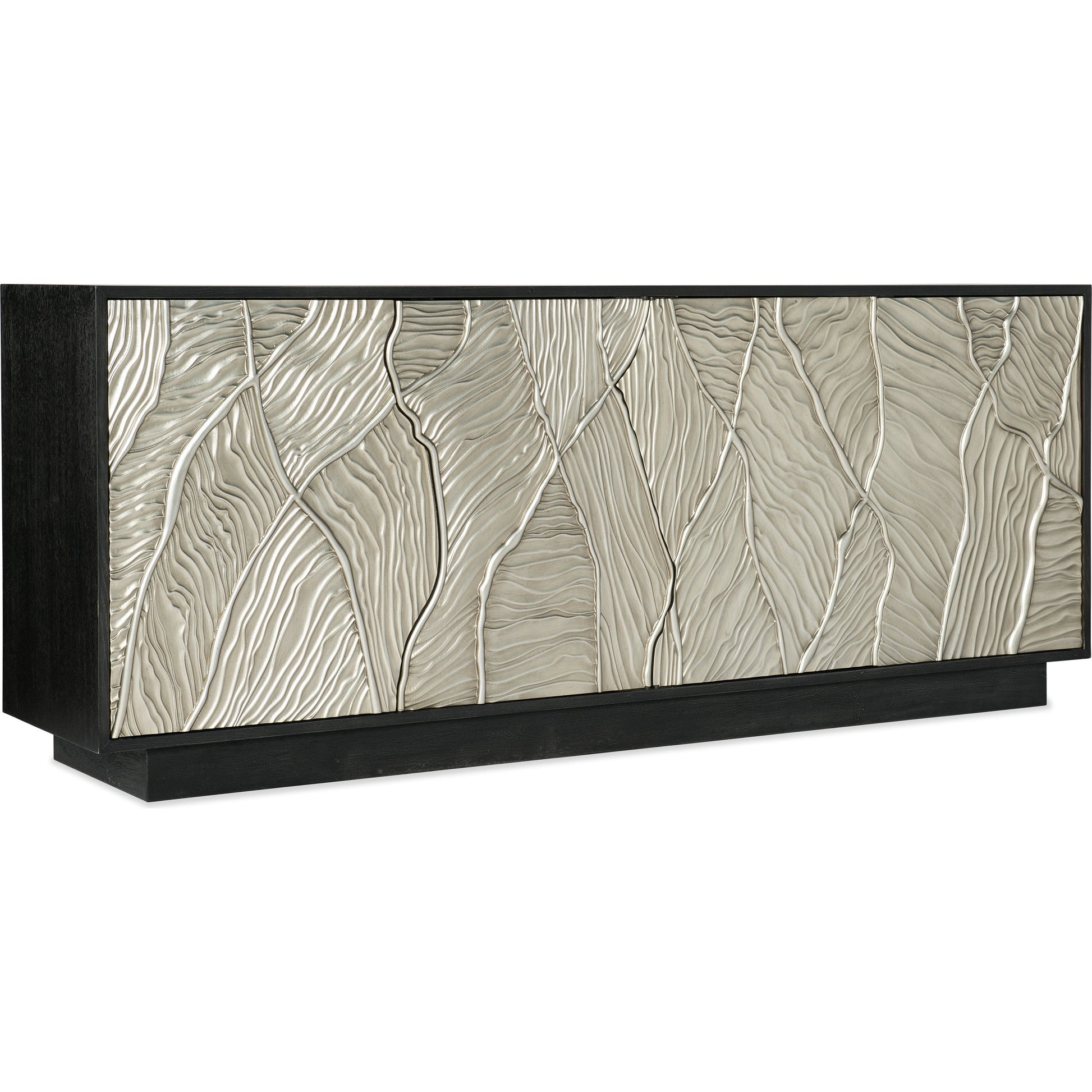 Melange Summit Gorge Entertainment Console by Hooker Furniture in black. Made from oak veneers, resin in a modern style.