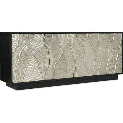 Melange Summit Gorge Entertainment Console by Hooker Furniture in black. Made from oak veneers, resin in a modern style.