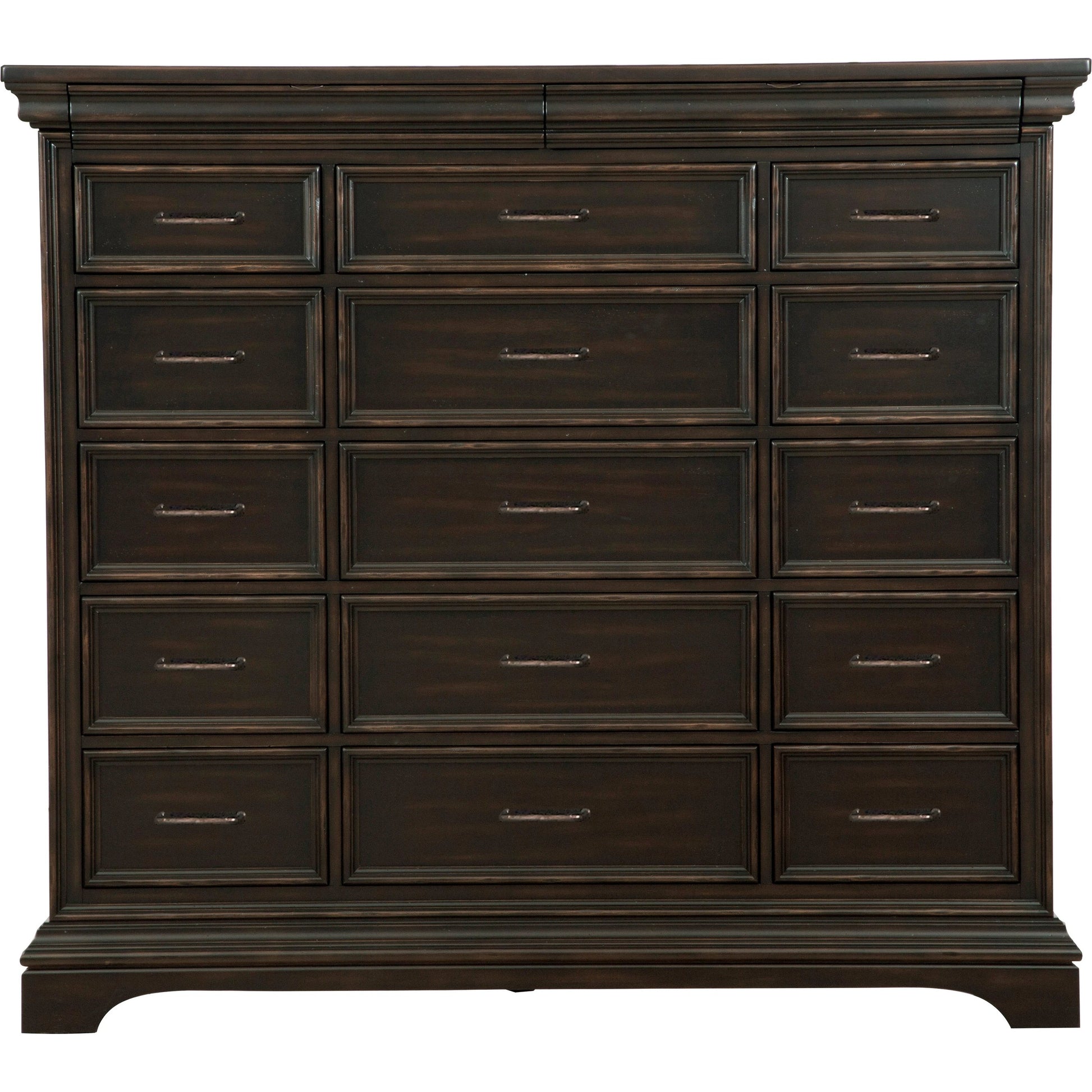 Caldwell Master Chest by Pulaski Furniture in deep brown. Made from acacia veneers in a traditional style.