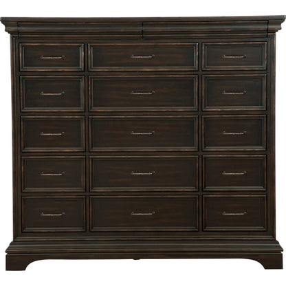 Caldwell Master Chest by Pulaski Furniture in deep brown. Made from acacia veneers in a traditional style.