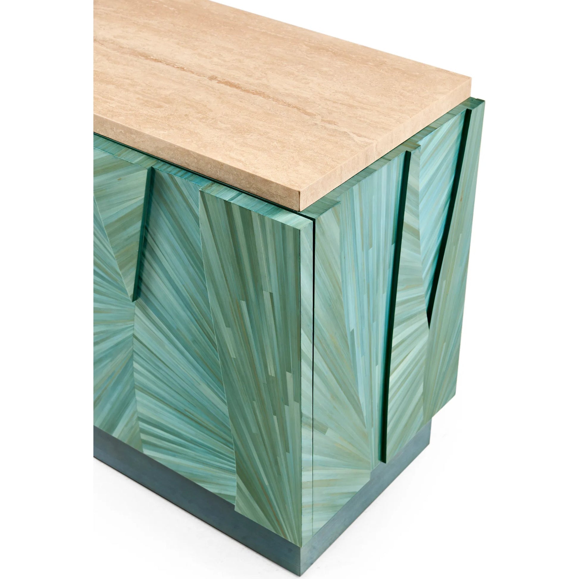 Seaglass Entertainment Console by Jonathan Charles in blue and blue straw. Made from straw, marble, stainless steel, koto veneer in a eclectic & global style.