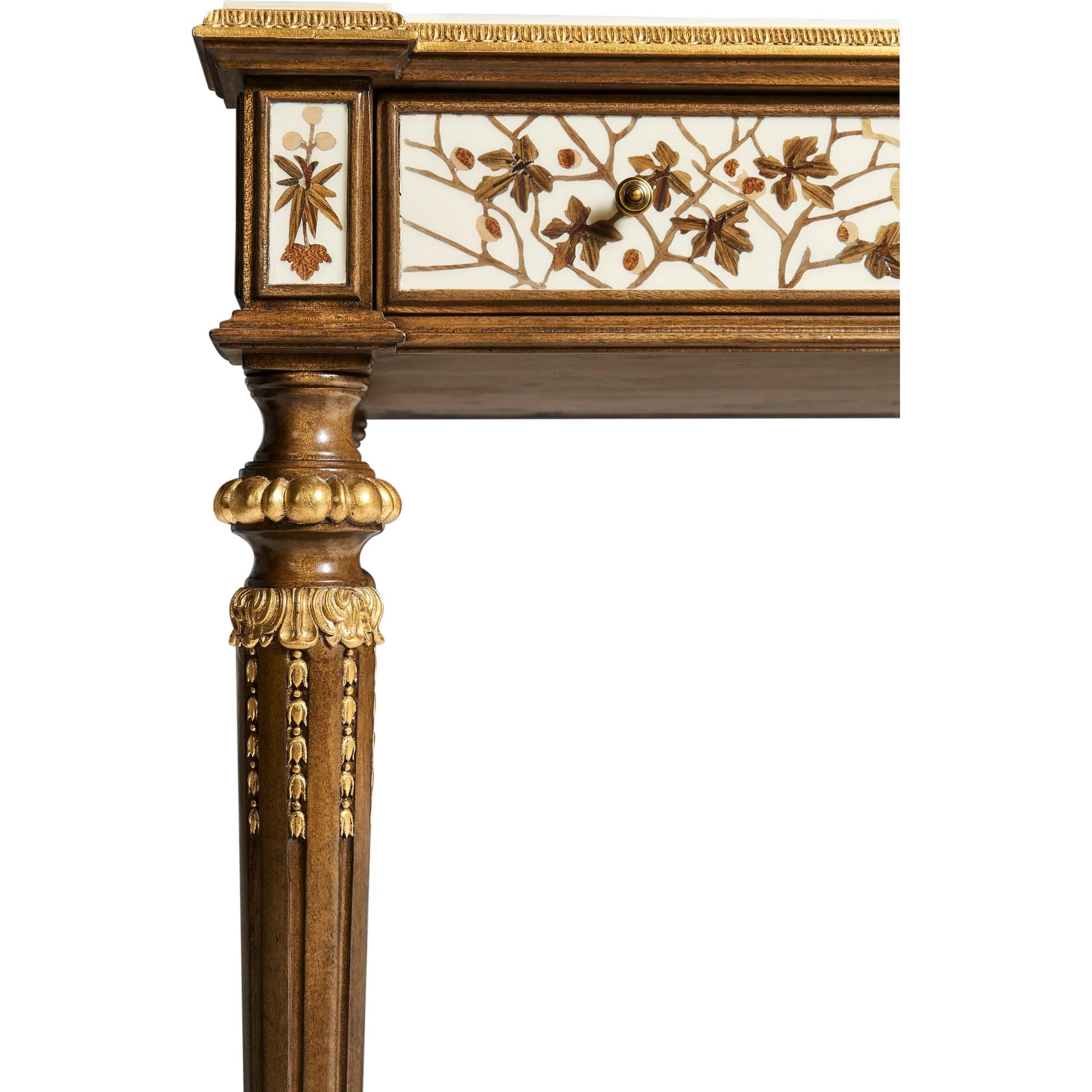 Trianon Console Table by Jonathan Charles in oak leaf parquetry. Made from mahogany solids, various marquetry veneers, resin, brass in a traditional style.