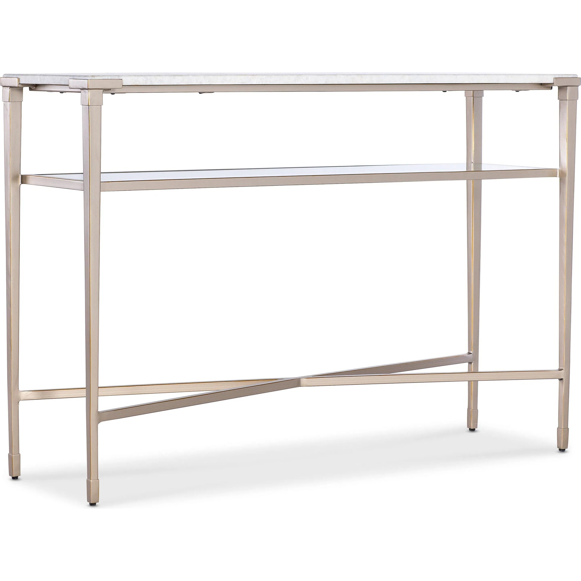 Melange Jen Console Table by Hooker Furniture in champagne. Made from white genesis slab, metal, glass in a modern style.