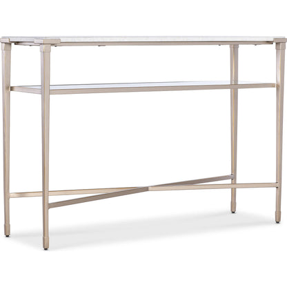 Melange Jen Console Table by Hooker Furniture in champagne. Made from white genesis slab, metal, glass in a modern style.