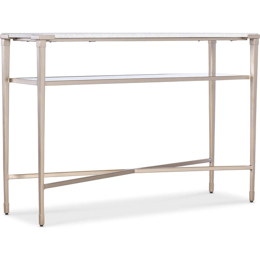 Melange Jen Console Table by Hooker Furniture in champagne. Made from white genesis slab, metal, glass in a unique style.