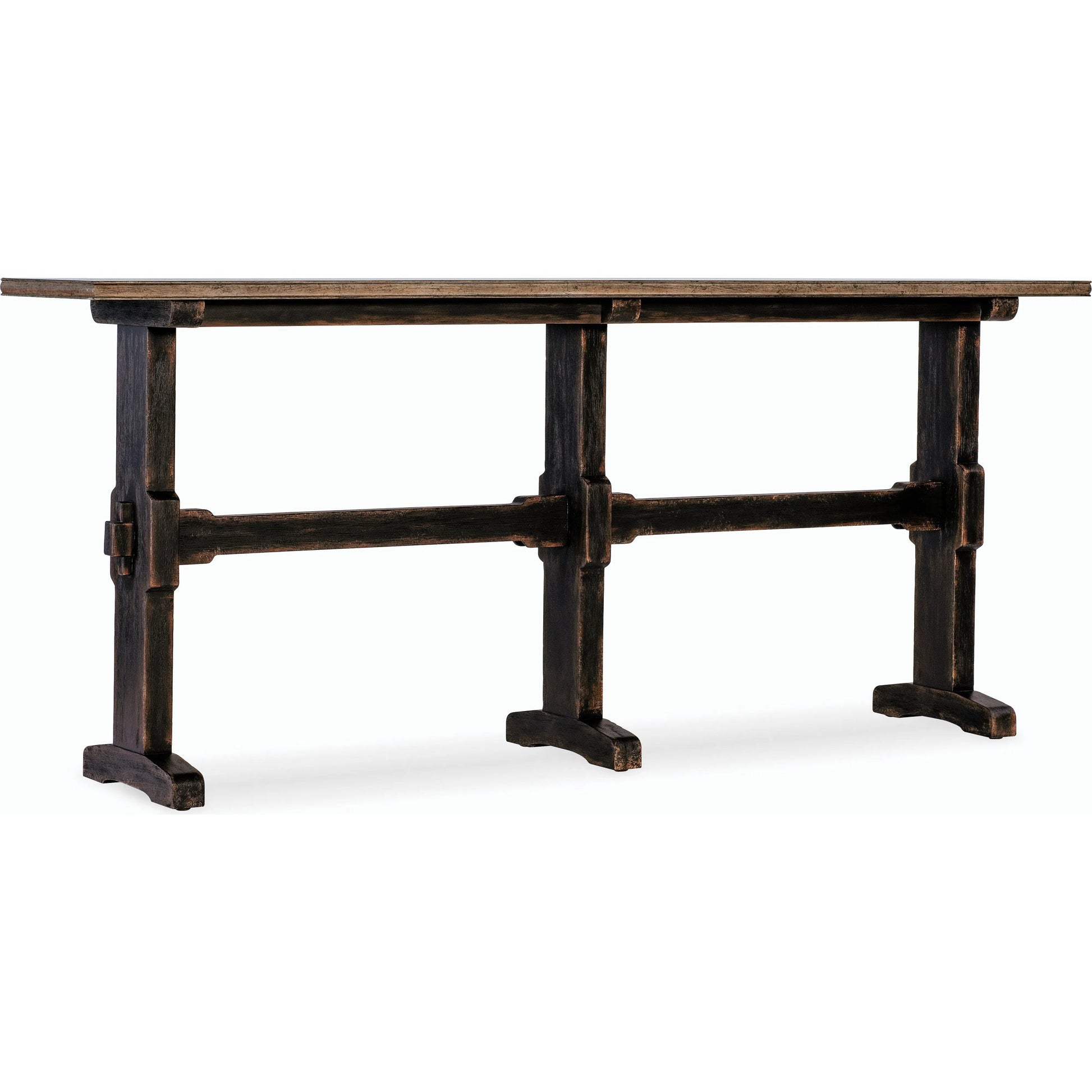Americana Trestle Console Table by Hooker Furniture in black and molasses finish. Made from oak veneers with solid-wood edge top in a modern style.