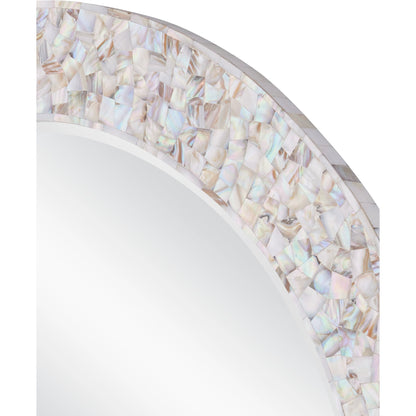 Uma Mother of Pearl Mirror by Currey and Company in natural, white, mirror. Made from mother of pearl, engineered wood, glass in a modern style.