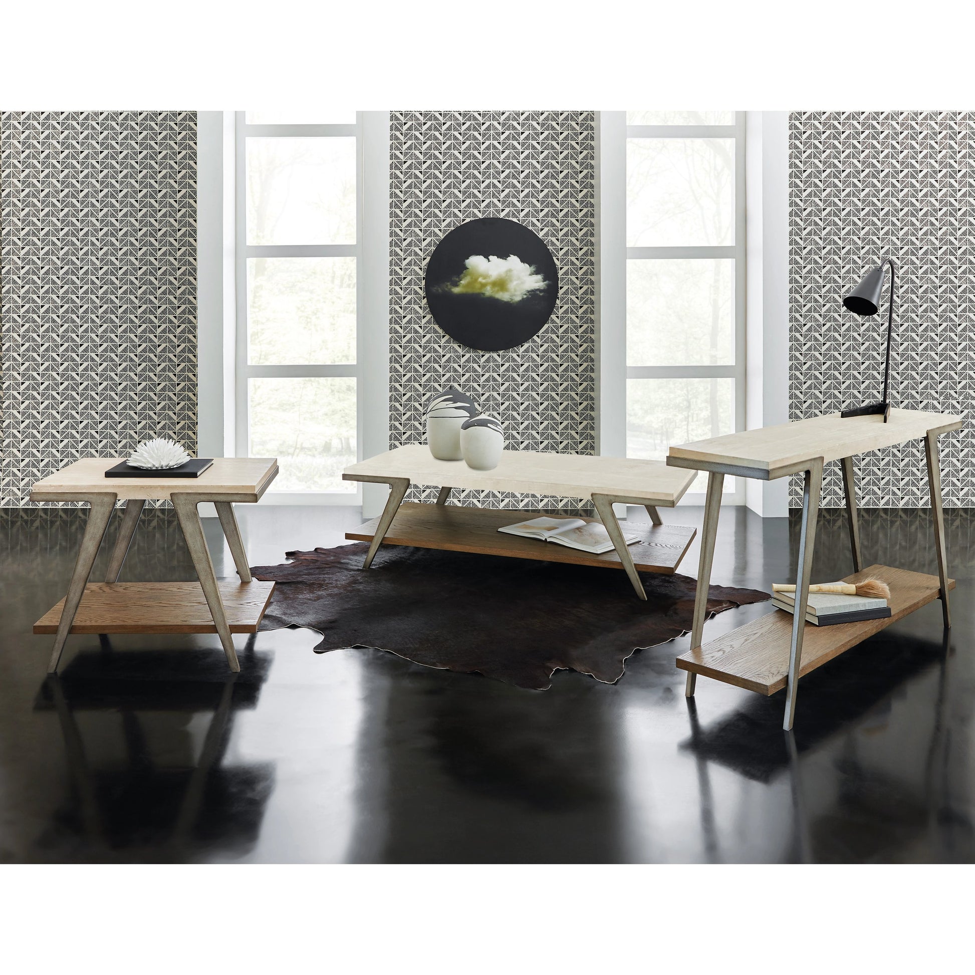 Commerce and Market Boomerang Cocktail Table by Hooker Furniture in cream. Made from sheet metal, travertine marble, oak veneers in a modern style.
