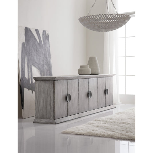 Koren Credenza by Hooker Furniture in light gray. Made from elm veneers, concrete in a cottage & farmhouse style.