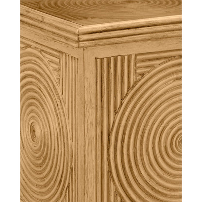 Santos Accent Table by Currey and Company in sea sand, clear. Made from rattan, mahogany, glass in a transitional style.