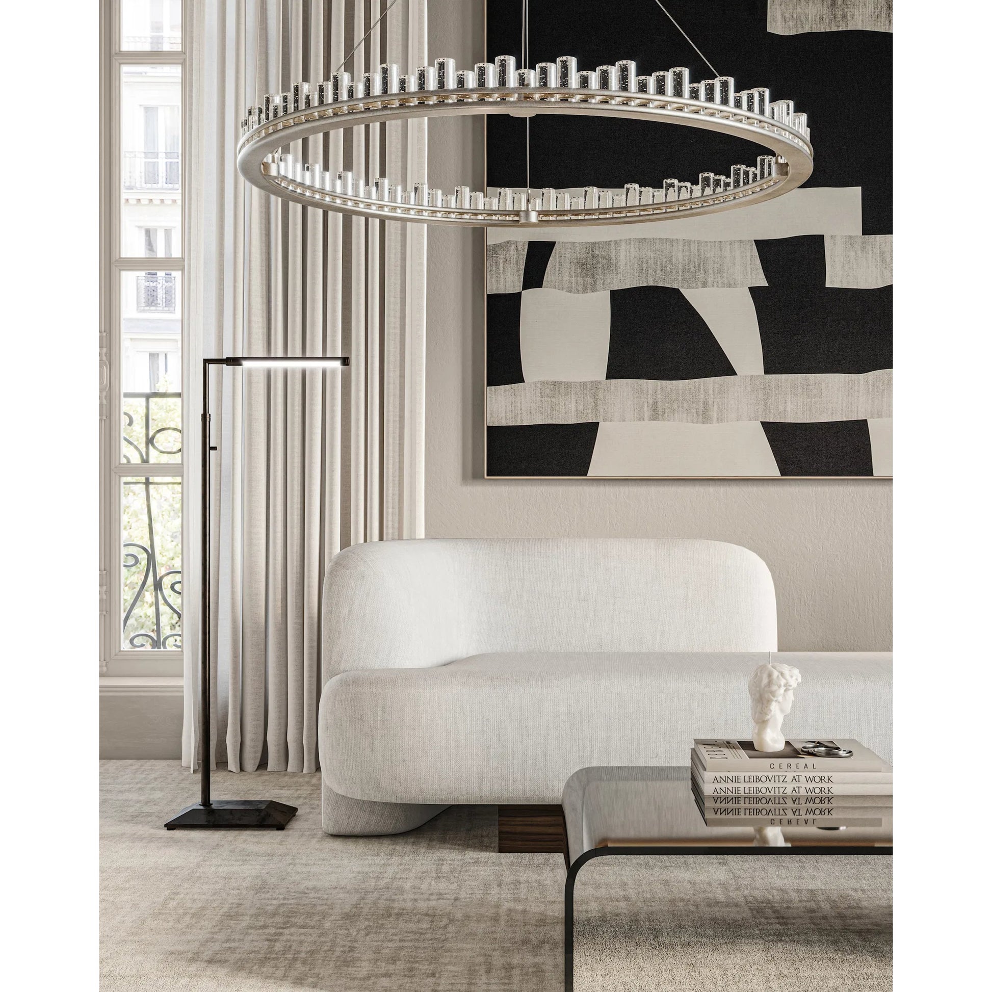 Pleiades Chandelier by Currey and Company in contemporary silver leaf, contemporary silver, clear. Made from wrought iron, seeded crystal in a modern style.