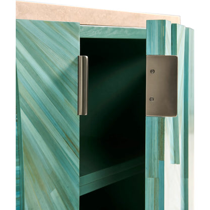 Seaglass Entertainment Console by Jonathan Charles in blue and blue straw. Made from straw, marble, stainless steel, koto veneer in a eclectic & global style.