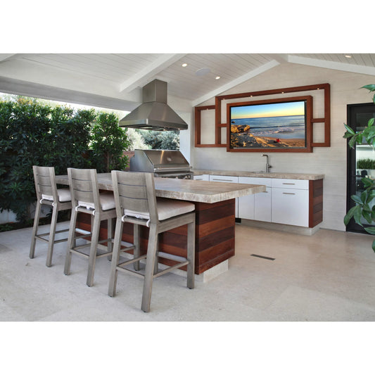 Laguna Outdoor Barstool in Canvas Flax by Sunset West in driftwood. Made from aluminum in a modern style.