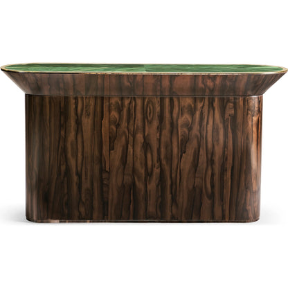 Verdure Console Table by Jonathan Charles in jade green straw. Made from ziricote veneer flat cut in a eclectic & global style.