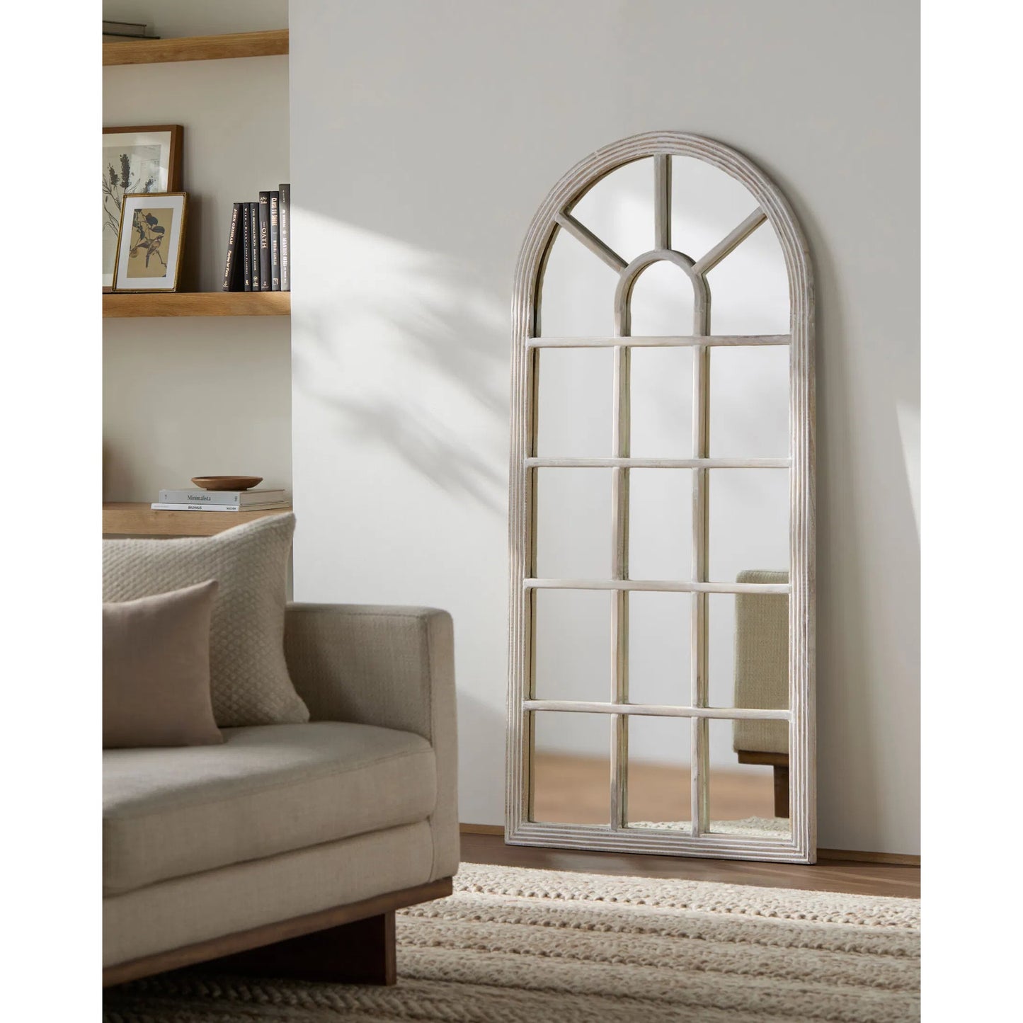 002 SI-2258951 | Lifestyle | Nahla Full Length Mirror by Surya in white and weathered. Made from mango wood in a transitional style.