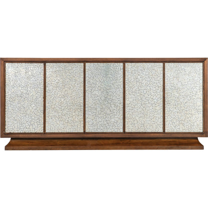 Melange Lloyds Leopard Entertainment Credenza by Hooker Furniture in walnut veneers, silver painted glass front doors. Made from unique in a transitional style.