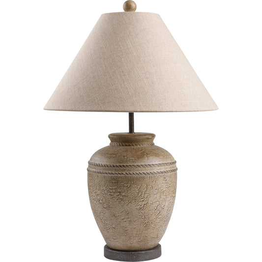 Nantes - 498973 by Surya in body: beige, base: brown, shade (outside): beige, shade (inside): white, finial: beige, harp: metallic - gold, cord: translucent and painted. Made from body: cement, base: metal, shade (outside