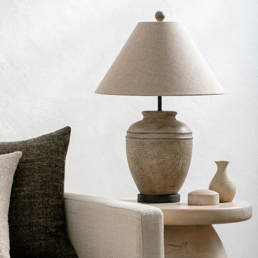 Nantes - 498973 by Surya in body: beige, base: brown, shade (outside): beige, shade (inside): white, finial: beige, harp: metallic - gold, cord: translucent and painted. Made from body: cement, base: metal, shade (outside): lin