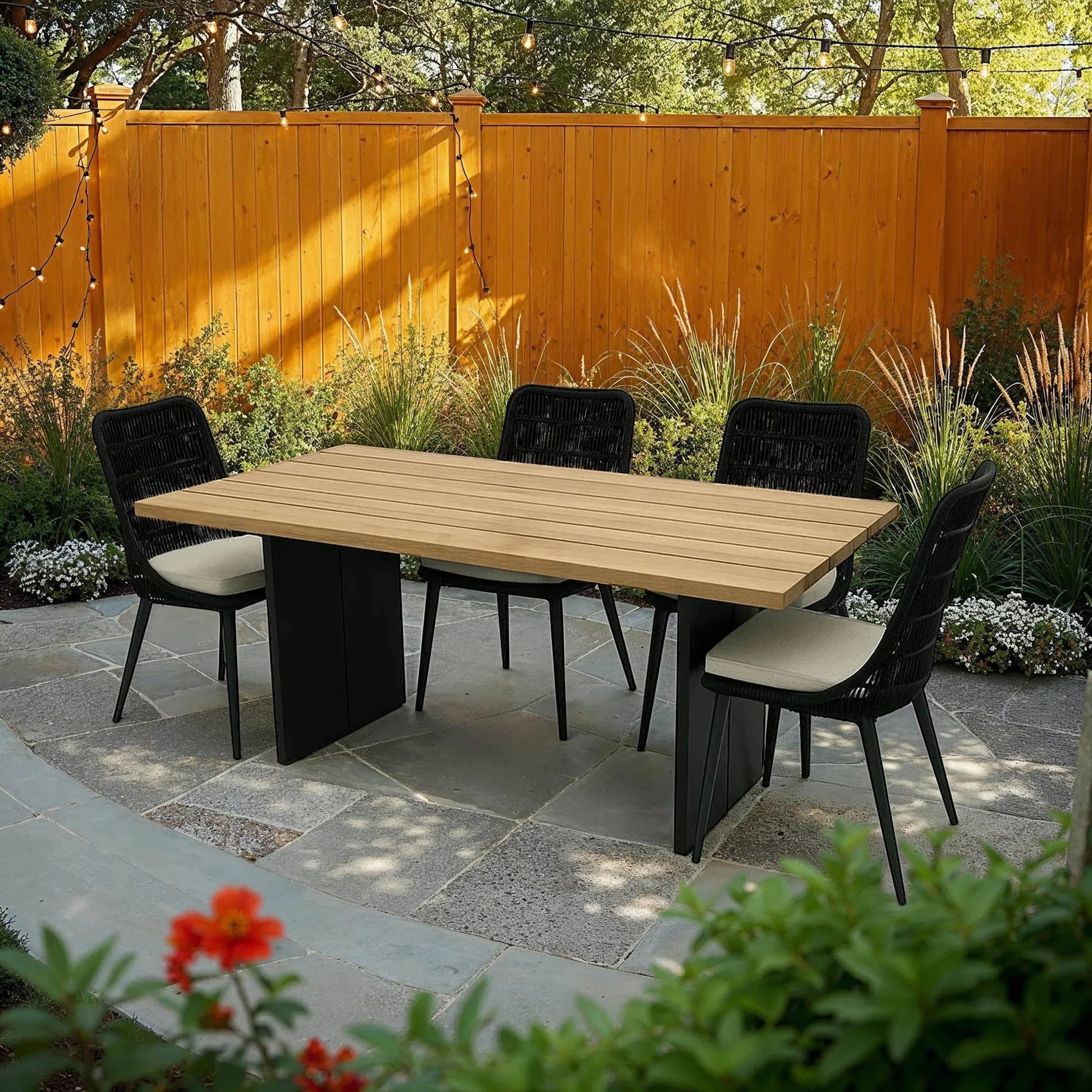 Naples Outdoor - Dining Table by LH Imports in brown and natural, steel powder coated black. Made from powder coated steel, acacia wood in a transitional style.
