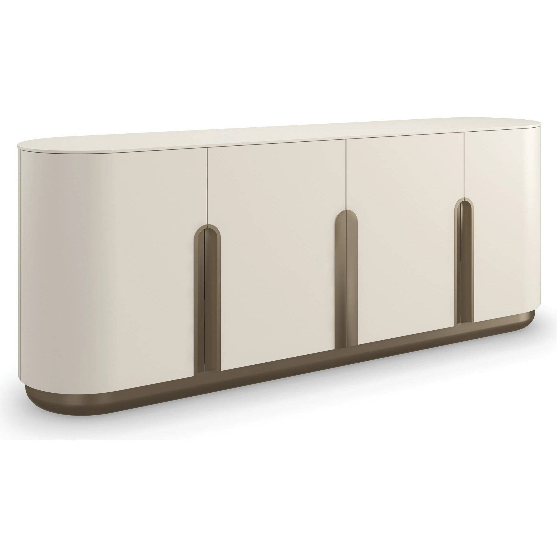 Tangier Sideboard by Caracole in burnished adobe, lucent bronze metallic paint. Made from asian hardwood, birch in a transitional style.