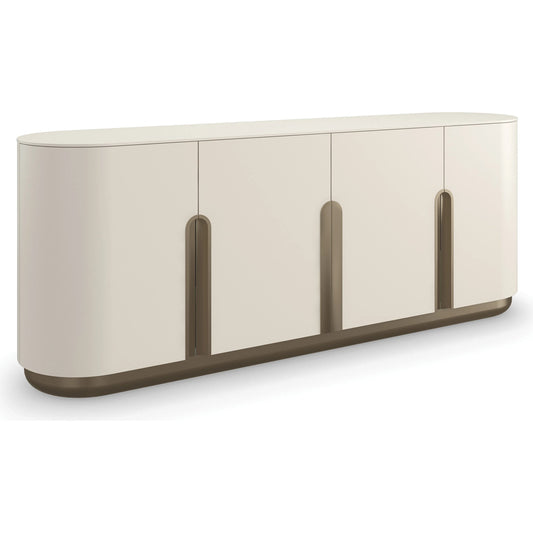 Tangier Sideboard by Caracole in burnished adobe, lucent bronze metallic paint. Made from asian hardwood, birch in a transitional style.