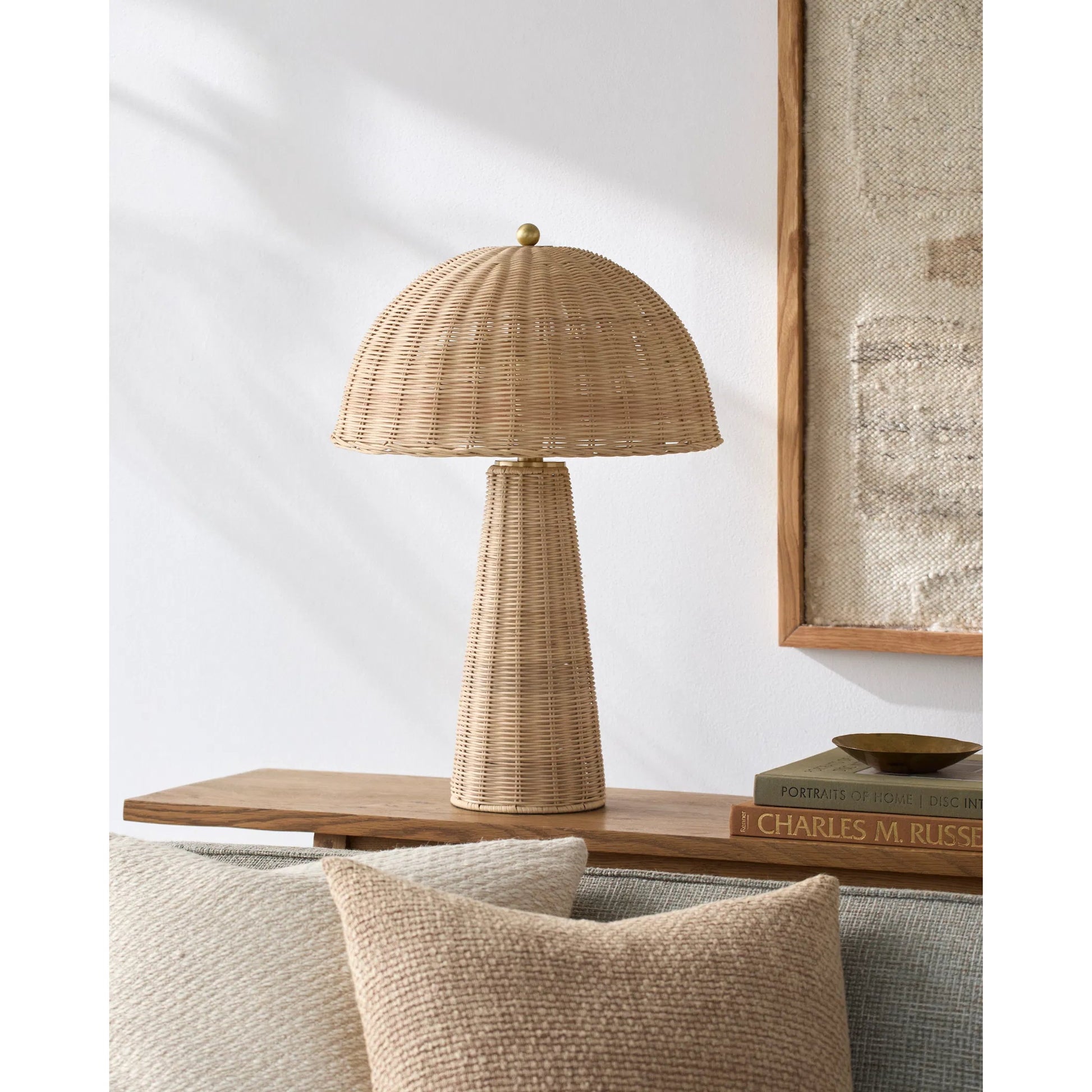 Naves Accent Table Lamp by Surya in metallic brass, beige, translucent and natural. Made from rattan, iron in a rustic style.