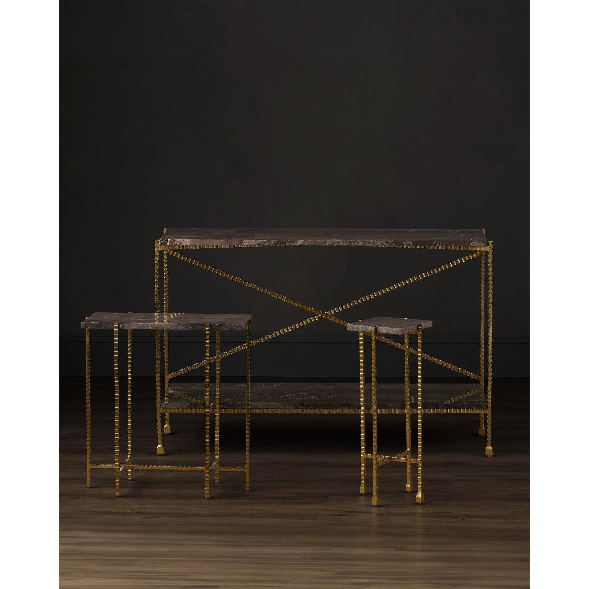 Flying Console Table by Currey and Company in natural, gold. Made from cappuccino stone, iron in a modern style.