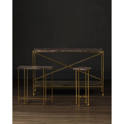 Flying Console Table by Currey and Company in natural, gold. Made from cappuccino stone, iron in a modern style.