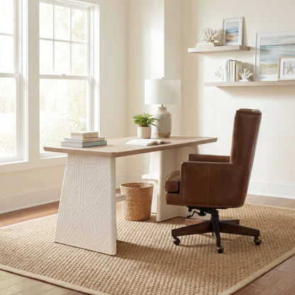 Finley Executive Chair by Hooker Furniture in checkmate pawn and dark wood. Made from leather, checkmate pawn (aniline top grain) in a traditional style.
