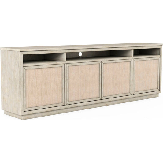 Cotiere Entertainment Console by A.R.T. Furniture in beige and linen. Made from parawood solids, mixed split cathedral and quartered white oak veneer, fabric in a modern style.