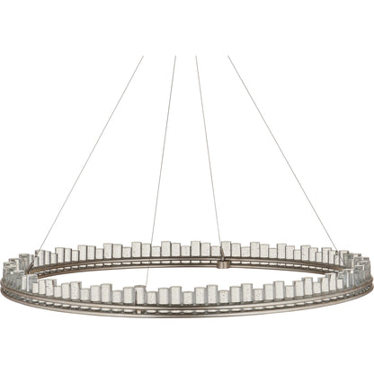 Pleiades Chandelier by Currey and Company in contemporary silver leaf, contemporary silver, clear. Made from wrought iron, seeded crystal in a modern style.