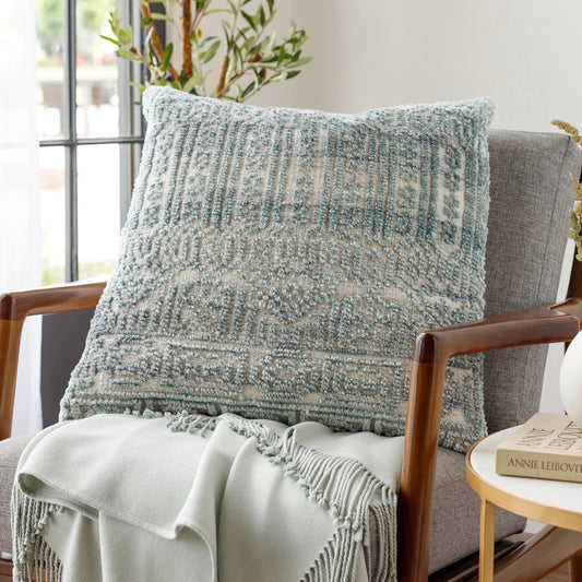 Nobility Pillow - 15086 by Surya in pale blue, wheat. Made from 65% rayon, 28% wool, 7% cotton, 100% cotton in a eclectic & global style.