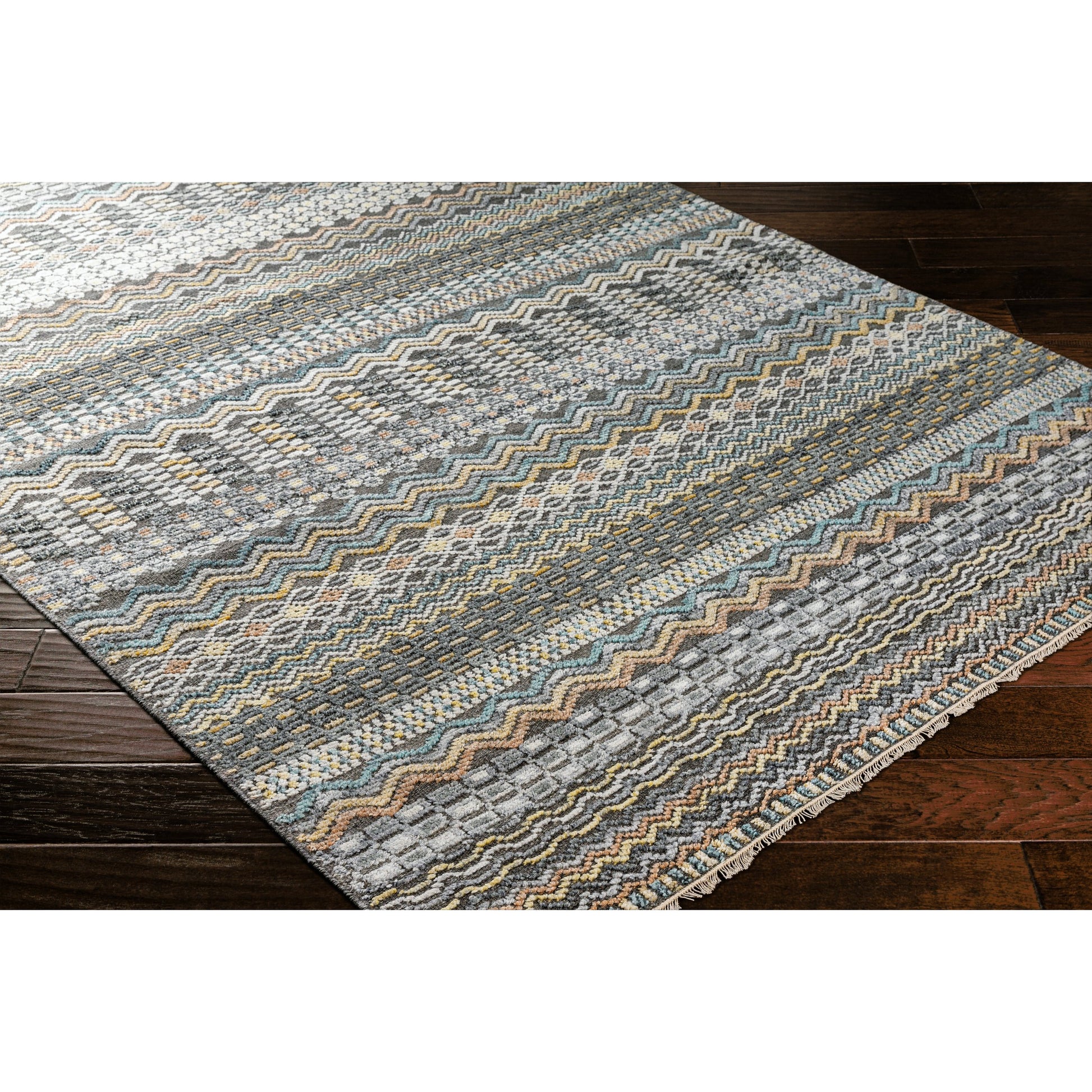 Nobility Rug - 29791 by Surya in charcoal, light gray, wheat, peach, ice blue. Made from 60% wool, 40% viscose in a unique style.