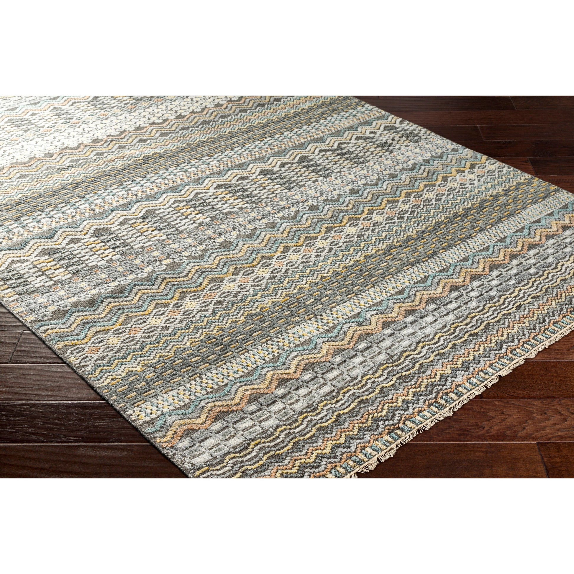 Nobility Rug - 29791 by Surya in charcoal, light gray, wheat, peach, ice blue. Made from 60% wool, 40% viscose in a unique style.